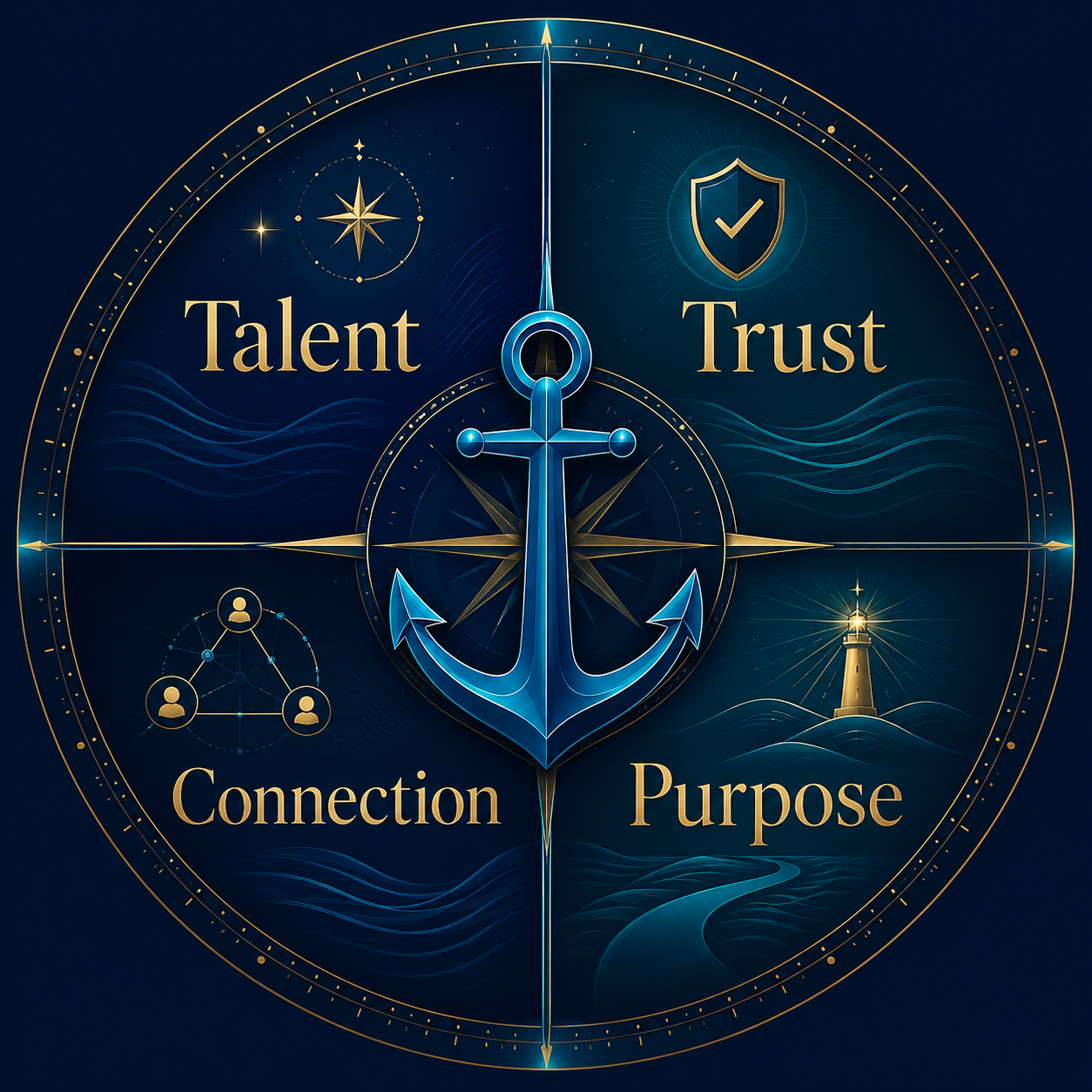 Talent, Trust, Connection and Purpose arranged around a blue anchor